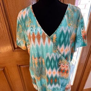 Ruby Rd. Aqua and Orange Patterned Blouse
